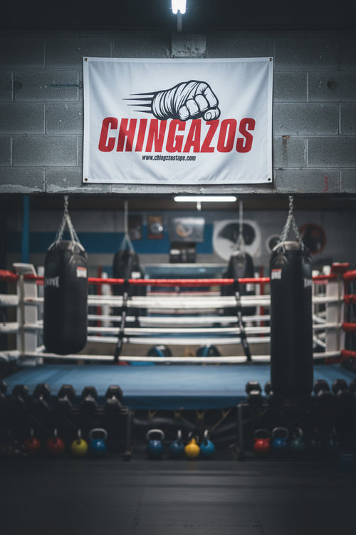 A white rectangular banner with the word CHINGAZOS in large red letters, a black-and-white clenched fist graphic above, and a small website URL, photographed against a concrete floor.